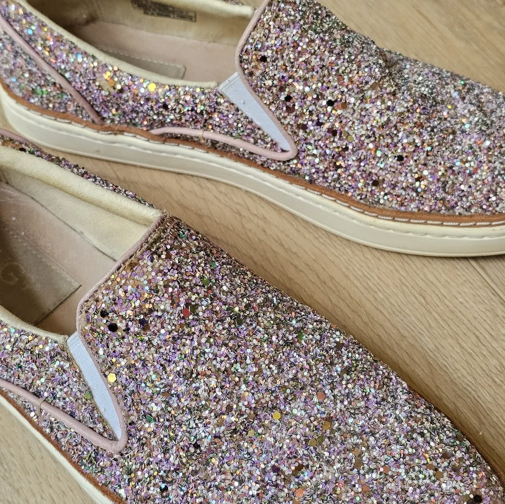 UGG Adley Pink Chunky Glitter Confetti Slip On Leather Shoes - Picture 2 of 10